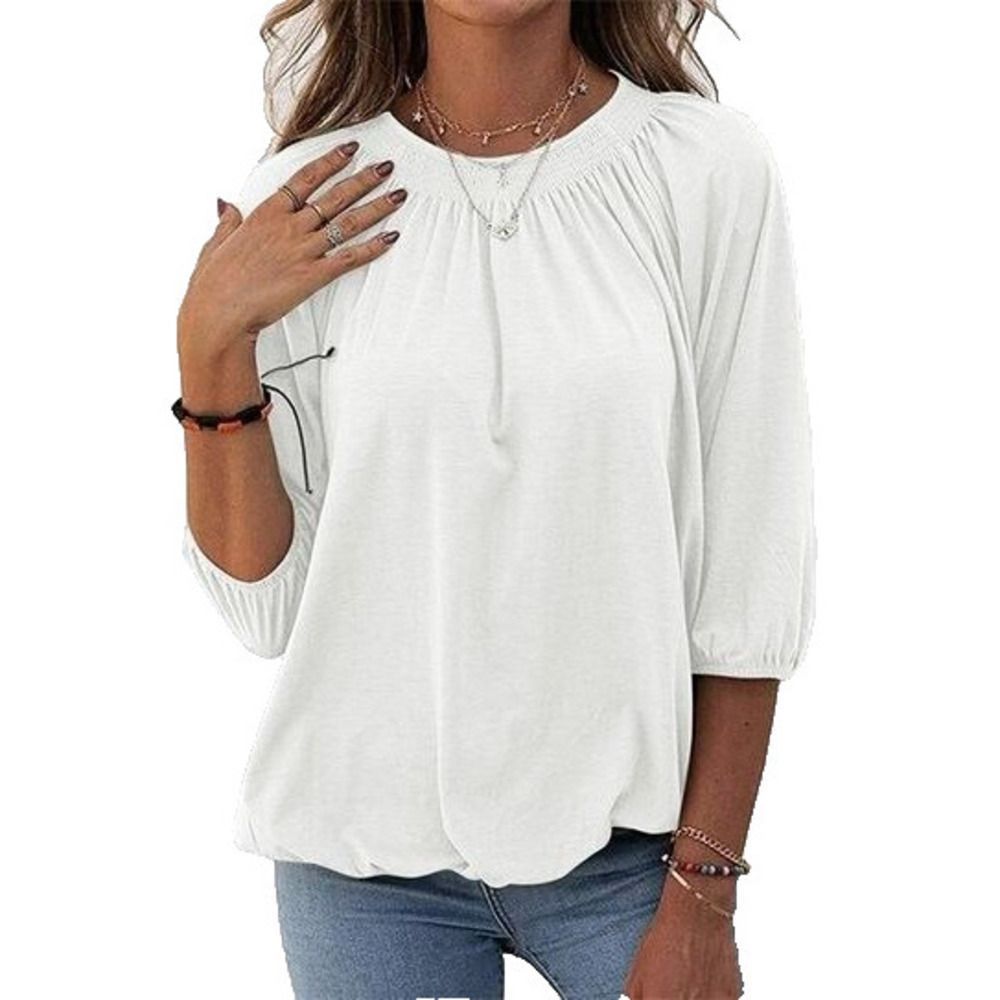 Simple Flavor White Half-Sleeve Smocked Crewneck Top XXL